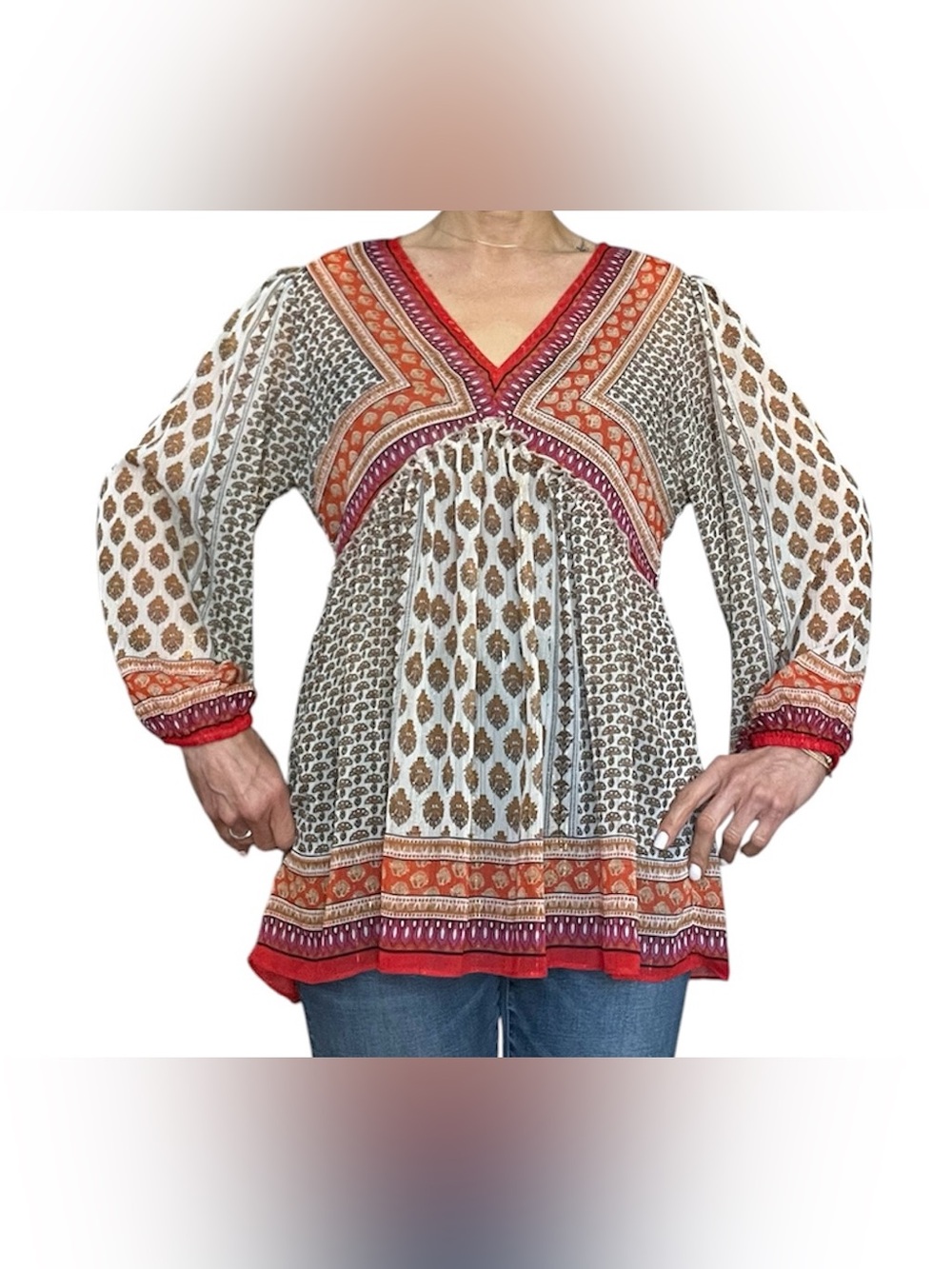 Rose & Olive Red, Orange & Brown Boho V-Neck Tunic